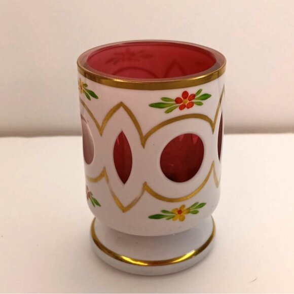 Vtg. Czech Bohemian White Cased Cut to Red/Pink Floral  Toothpick Votive Holder - Picture 2 of 5